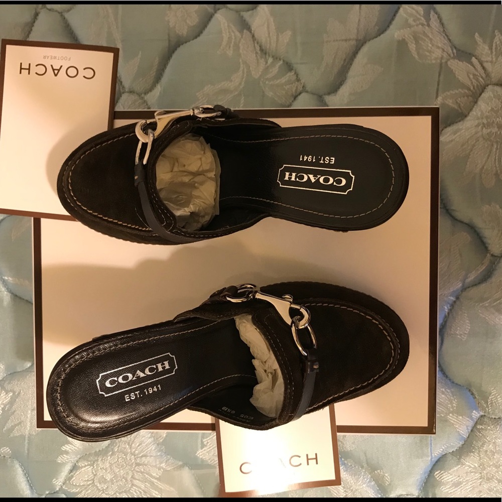 Coach suede high heeled mule clogs.